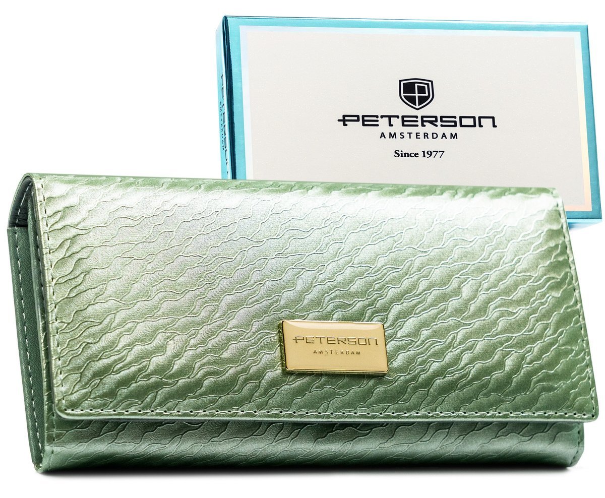 Duży portfel damski skórzany zielony PETERSON rfid stop klasyczny na zatrzask karty gotówka