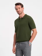 Swetry męskie - Bawełniana koszulka męska polo ze strukturalnej dzianiny oliwkowa V1 OM-POSS-0117 - Ombre Clothing - miniaturka - grafika 1