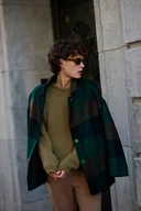 Płaszcze damskie - Płaszcz wełniany 100% wełna duża zielona krata Kurtka Ciepła Narzutka - miniaturka - grafika 1