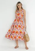 Sukienki - Pomarańczowo-Różowa Rozkloszowana Sukienka z Gumką w Talii i Wiązaniem z Wiskozy Keendust - miniaturka - grafika 1