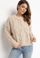 Swetry damskie - Beżowy Sweter z Wełną i Bawełną Ozdobiony Grubym Splotem Numike - miniaturka - grafika 1