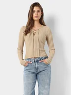 Bluzki damskie - Noisy May Bluzka Freya 27028880 Beżowy Slim Fit - miniaturka - grafika 1
