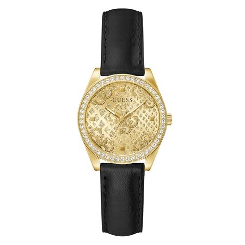 Guess Damski zegarek na rękę BOA z cyrkonią, czarny skórzany pasek, szkło mineralne, złoty cyferblat, 3 bar, średnica koperty: 32 mm, GW0989L2