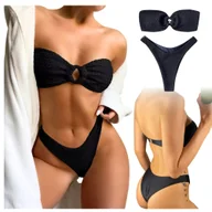 Stroje kąpielowe - STRÓJ KĄPIELOWY KOSTIUM DWUCZĘŚCIOWY BIKINI BANDEAU RING CZARNY BARDOTKA S - miniaturka - grafika 1