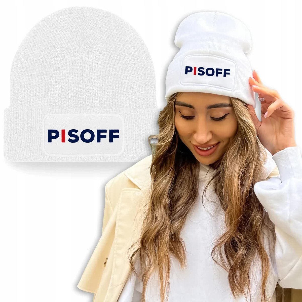 Zimowa Wygodna Czapka Biała PISOFF Modne Wzory