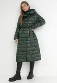 Kurtki damskie - Ciemnozielona Kurtka za Kolano z Wiązanym Paskiem i Kapturem Chlyrie - miniaturka - grafika 1
