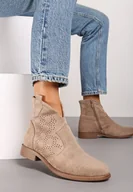 Botki damskie - Ciemnobeżowe Płaskie Botki Ażurowe w Stylu Boho Revalira - miniaturka - grafika 1