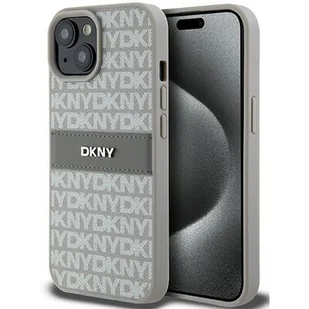 Oryginalne Etui IPHONE 13 / 14 / 15 DKNY Hardcase Leather Mono Stripe & Metal Logo (DKHCP15SPRTHSLE) beżowe - Etui i futerały do telefonów - miniaturka - grafika 1
