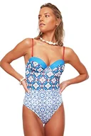 Stroje kąpielowe - Trendyol Damski strój kąpielowy z dzianiny w geometrycznym wzorze, NIEBIESKI, 38 - miniaturka - grafika 1