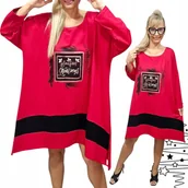 Bluzki damskie - Sukienka tunika złoto napis luźna bawełna czerwona piękna 54 56 7xl 8xl - miniaturka - grafika 1