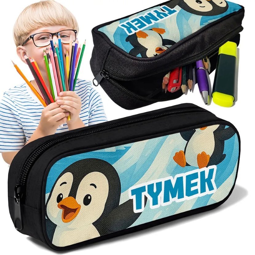 Piórnik TUBA + IMIĘ Pingwin Personalizowany Szkolny Prezent