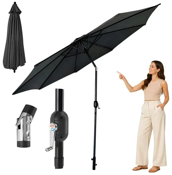 Parasol Ogrodowy Duży Składany Solidny Regulacja 300cm 8 Segmentowy Szary