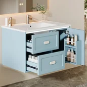 Szafki łazienkowe - Szafka łazienkowa wisząca - pojedyncza umywalka ceramiczna, 1 drzwi i 2 szuflady - 76 x 46 x 51 cm - płyta MDF - diody LED - lakier niebieski - miniaturka - grafika 1