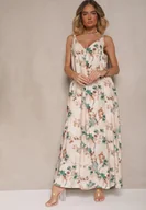 Sukienki - Beżowo-Zielona Rozkloszowana Sukienka na Ramiączkach z Wiskozą w Kwiatowy Wzór Jenariona - miniaturka - grafika 1