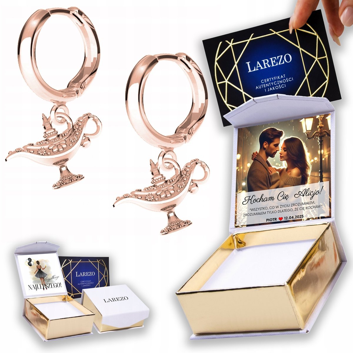 Kolczyki Pozłacane 925 Bigle z Lampy Lampą Alladyna Magiczne NADRUK