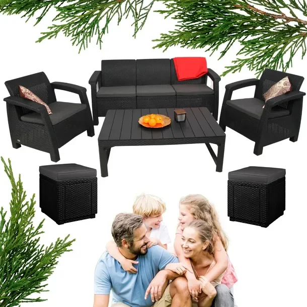 Meble CORFU + LYON Zestaw Ogrodowy Sofa Fotele stolik regulowany pufy -7 os
