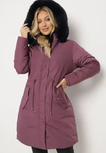 Ciemnofioletowa Dwustronna Kurtka za Kolano z Kapturem z Futerkiem Zephyro - Kurtki damskie - miniaturka - grafika 1