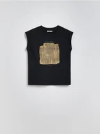 Koszulki i topy damskie - Reserved - T-shirt ze strukturalnym printem - czarny - miniaturka - grafika 1