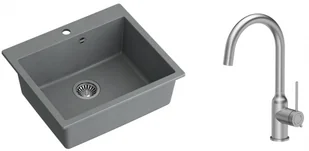 Quadron Zlewozmywak granitowy jednokomorowy 57*50*22 cm MORGAN 110 SILVER STONE ze stalowym odpływem z baterią INGRID Q LINE kolor stal szczotkowana - Zlewozmywaki z baterią - miniaturka - grafika 1
