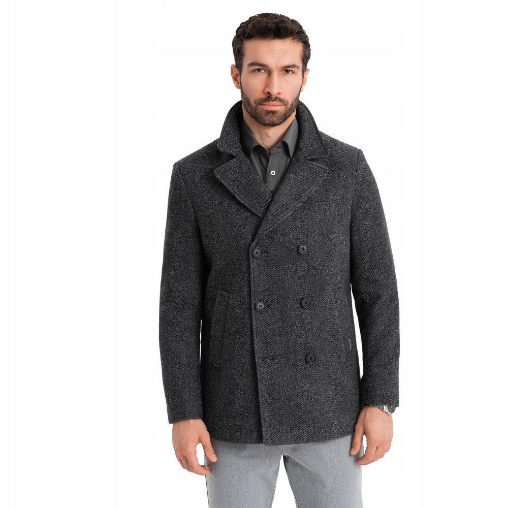 Krótki dwurzędowy męski płaszcz wełna grafitowy V1 OM-COWC-0115 XXL