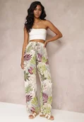 Spodnie damskie - Beżowe Szerokie Spodnie w Kwiaty z Gumką w Pasie Alaysa - miniaturka - grafika 1