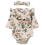 Body dla niemowląt - Zestaw body z falbanką i opaska z supełkiem, róże na beżu 80 - miniaturka - grafika 1