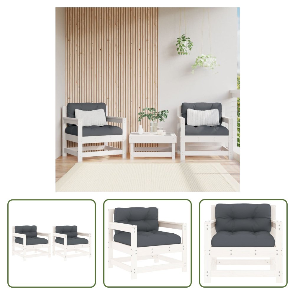 The Living Store Krzesła ogrodowe z poduszką 2 szt. Białe lite drewno sosnowe