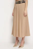 Spódnice - Brązowa Spódnica z Podwójnym Paskiem z Ekoskóry i Szerokimi Plisami Hiritai - miniaturka - grafika 1
