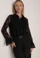 Koszule damskie - Czarna Koszula Koronkowa z Wiskozy z Bawełną Ozdobiona Falbanami Hermerine - miniaturka - grafika 1