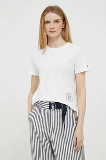 Koszulki sportowe damskie - Tommy Hilfiger t-shirt bawełniany kolor biały - grafika 1