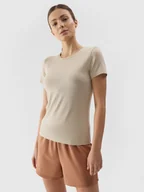 Koszulki i topy damskie - T-shirt slim gładki damski 4F 4FWSS24TTSHF1267-83S Beżowy - miniaturka - grafika 1