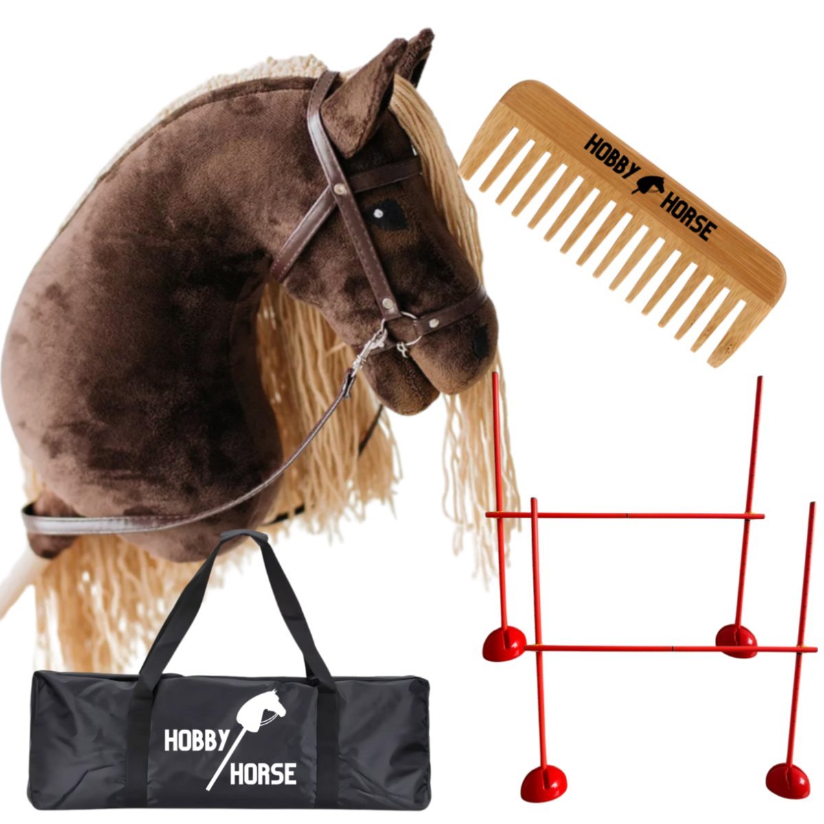 ZESTAW HOBBY HORSE KOŃ NA KIJU A3 + 2x PRZESZKODA DO SKAKANIA 120 CM + GRZEBIEŃ [M-ZESTAW-H3-2]