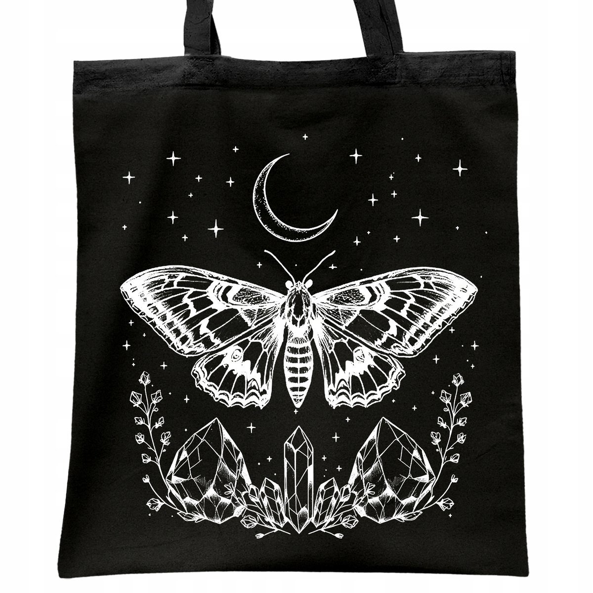 Torba bawełniana czarna na zakupy Kryształy Motyl Księżyc Magia