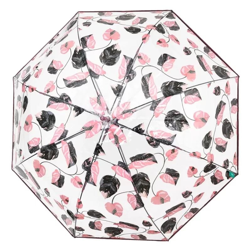 Parasol damski Perletti Time Leafs półautomatyczny długi wzór czarno-różowe liście
