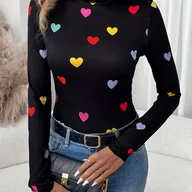 Bluzki damskie - TEMU Elegancka Tunika Damska z Długim Rękawem i Wzorem Serc - Multikolorowy Motyw (Róż/Czerwony Niebieski Fiolet Żółty Biał Czarn) – Koszulka - miniaturka - grafika 1