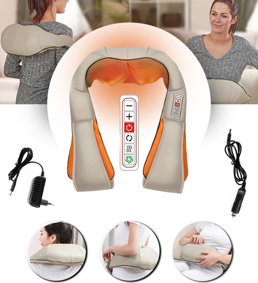 Masażer Karku Szyi Pleców Ciała Shiatsu Beżowy 3D 6 Trybów Grzenie Światłem Dwie Głowice