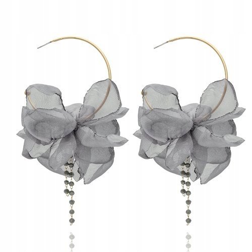 Kolczyki Jedwabne Złote Koła Z Kwiatkiem Jedwabnym I Koralikami Szare