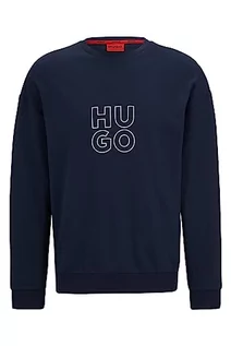 Bluzy męskie - HUGO Męska bluza Stacked z bawełny Terry z logo o metalicznym wyglądzie, Dark Blue405, S - grafika 1