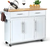 Wózki kuchenne - Drewniany wózek kuchenny, kredens na kółkach, samonośna szafka, gumowy blat, 2 schowki, 2 szuflady, 3 drzwiczki, 4 kółka, do przechowywania, biały, 122 x 46 x 92,3 cm - miniaturka - grafika 1