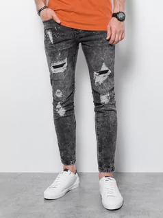 Spodnie męskie - Spodnie męskie jeansowe z dziurami SLIM FIT - szare V2 P1065 - grafika 1