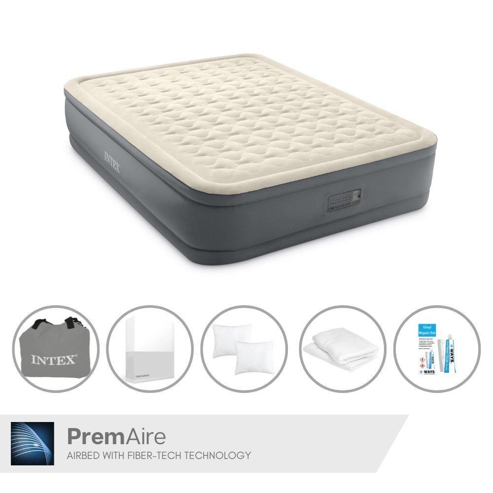 Łóżko dmuchane Intex - 2 osoby - 152 x 203 x 46 cm - Szare - Z pompką elektryczną + prześcieradło białe + poduszka + poszewki Molton 2 w 1 + zestaw naprawczy