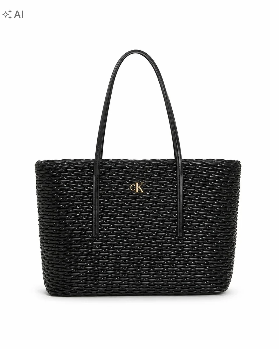 Calvin Klein PLEATED TEXTURE Torba Shopper Czarna Pleciona 38 cm