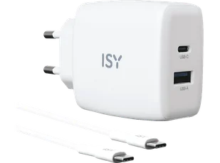 Ładowarka sieciowa ISY IAC-4512 65W USB-C USB-A GaN + kabel 2m Biały - Ładowarki do telefonów - miniaturka - grafika 1