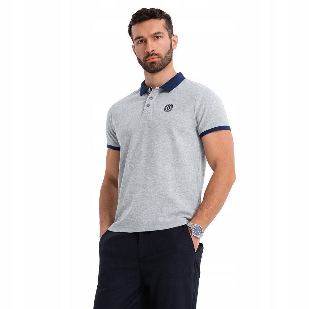 Męska koszulka polo z kolorowymi akcentami szary melanż V1 OM-POSS-0105 XL