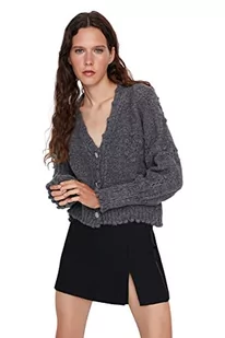 Trendyol Damski design regularny standardowy kardigan z dekoltem w serek, Szary, L - Swetry damskie - miniaturka - grafika 1