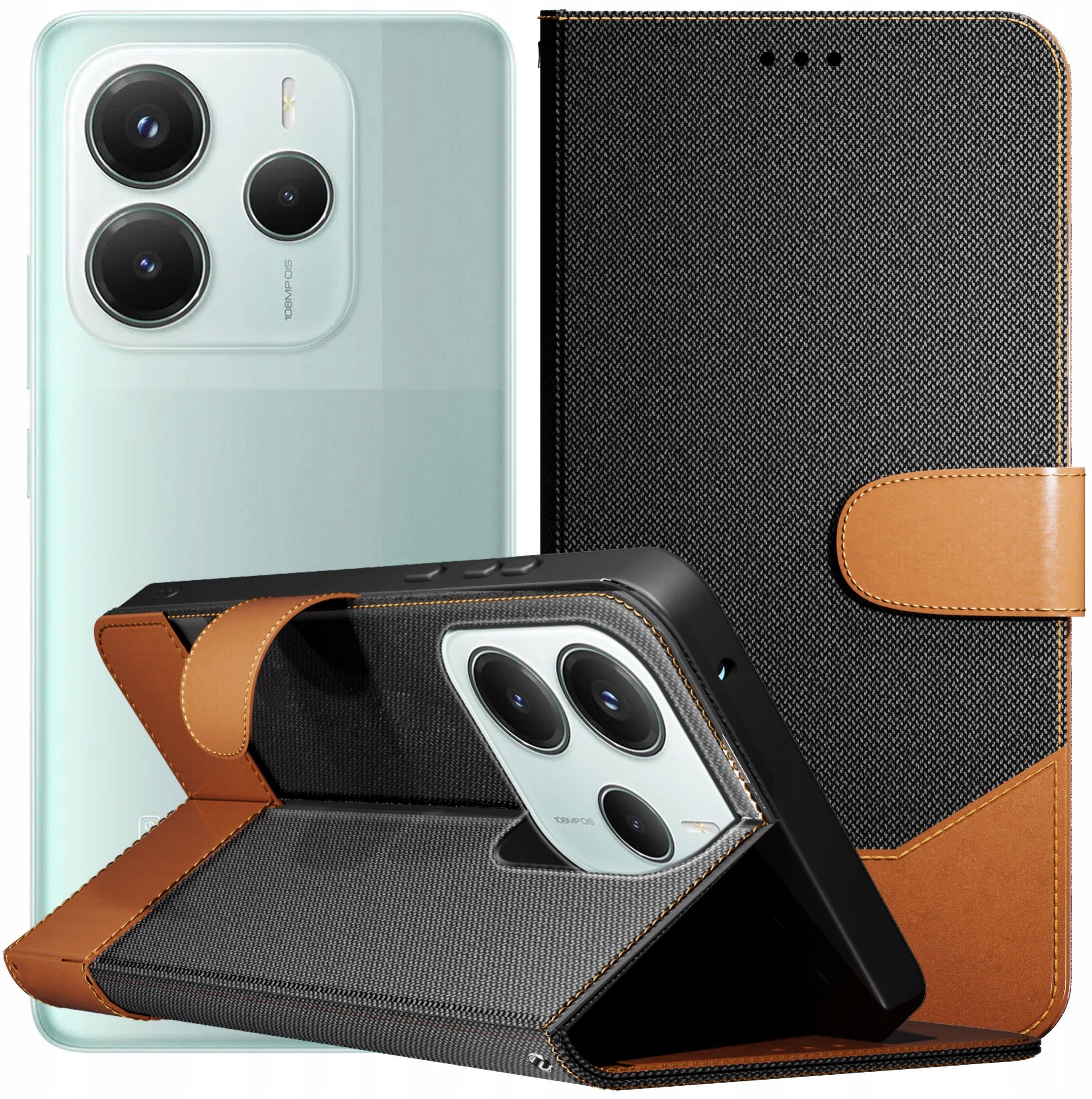 Etui z Klapką Do Xiaomi Redmi Note 14 5G Jeans, Skórzane, Czarne Szkło