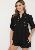 Koszule damskie - Czarna Koszula z Wiskozą Ozdobiona Perełkami Tanavitia - miniaturka - grafika 1