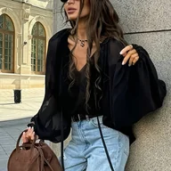 Koszule damskie - TEMU Stylowa damska koszula z długim rękawem, luźna, czarna, z wiązaniem [Hw915] - miniaturka - grafika 1