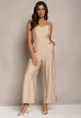 Kombinezony - Beżowy Długi Kombinezon z Szerokimi Nogawkami na Cienkich Ramiączkach Jemanne - miniaturka - grafika 1