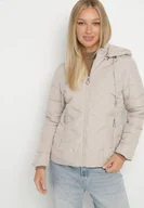Kurtki damskie - Ciemnobeżowa Przejściowa Kurtka z Pikowanymi Przeszyciami i Odpinanym Kapturem Olunea - miniaturka - grafika 1